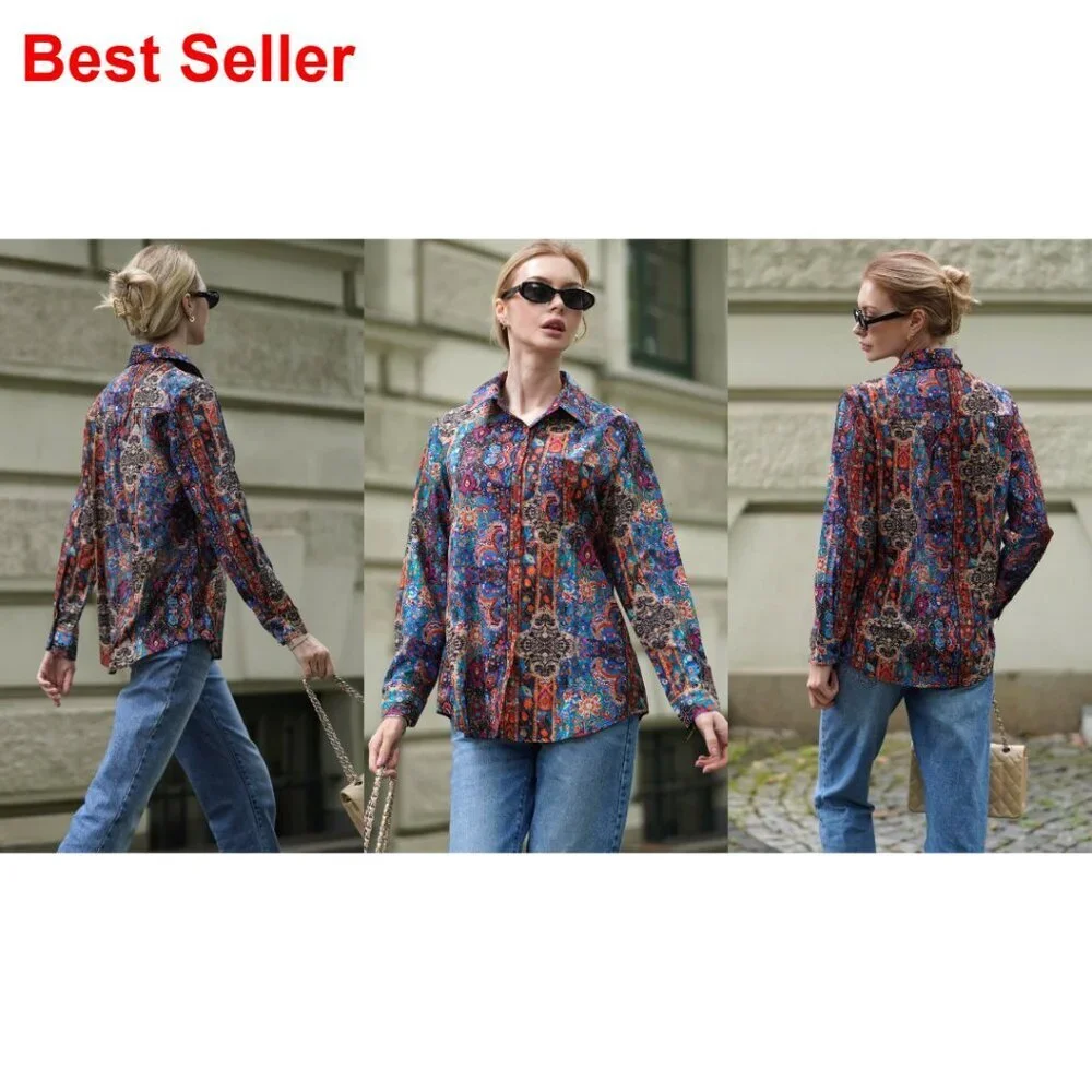 Floral Printed Button Down Shirt Long Sleeve Blouse with Pocket Business Casual